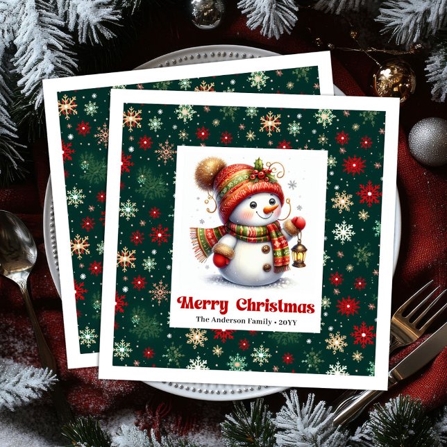 Adorable cartoon snowman with snowflakes kids  paper dinner napkins (Adorable cartoon snowman with snowflakes kids napkins)