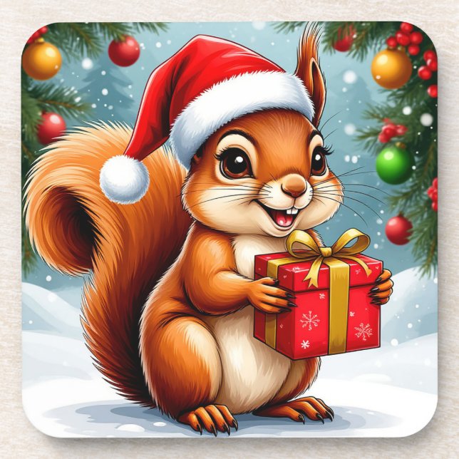 Adorable Cartoon Squirrel Beverage Coaster (Front)