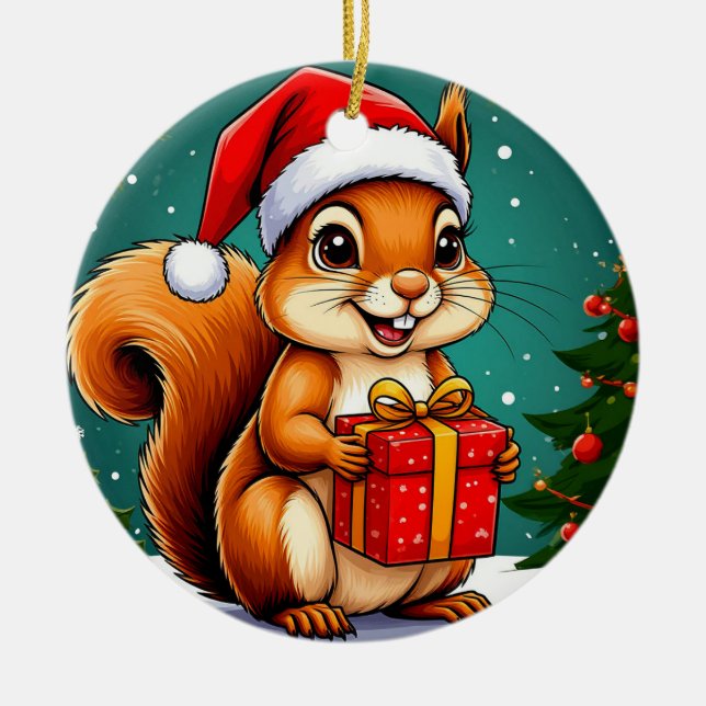 Adorable Cartoon Squirrel Ceramic Ornament (Front)