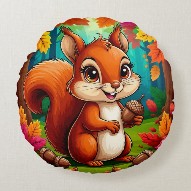 Adorable Cartoon Squirrel Character in Forest Round Pillow (Front)