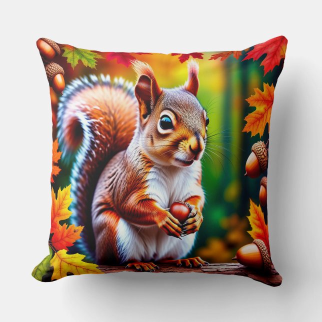 Adorable Cartoon Squirrel Character in Forest Throw Pillow (Front)