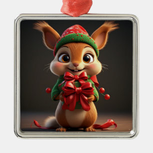Adorable Cartoon Squirrel Holding a Festive Gift Metal Ornament