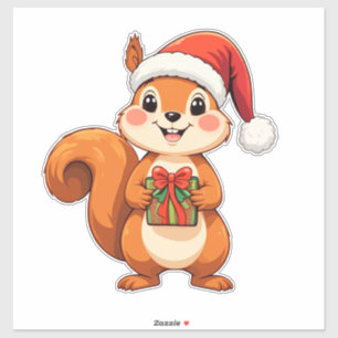 Adorable Cartoon Squirrel Holding a Gift Sticker