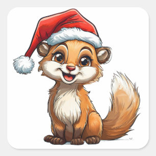 Adorable Cartoon Squirrel in Santa Hat Square Sticker