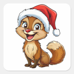 Adorable Cartoon Squirrel in Santa Hat  Square Sticker