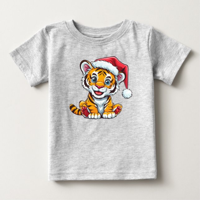 Adorable Cartoon Tiger Cub Wearing a Santa Hat Baby T-Shirt (Front)