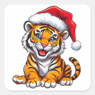 Adorable Cartoon Tiger Cub Wearing a Santa Hat Square Sticker