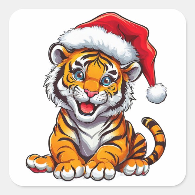 Adorable Cartoon Tiger Cub Wearing a Santa Hat Square Sticker (Front)