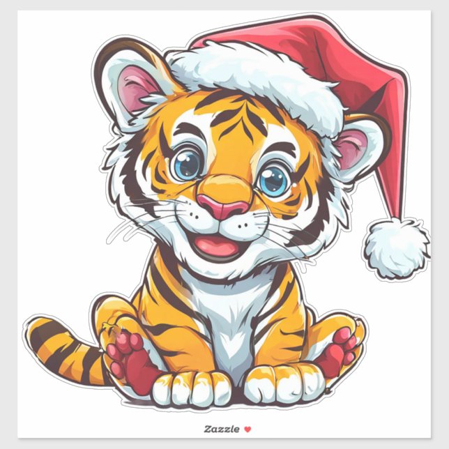 Adorable Cartoon Tiger Cub Wearing a Santa Hat Sticker (Sheet)