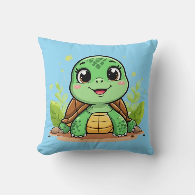 Adorable Cartoon Turtle Smiling Cheerfully Throw Pillow (Front)