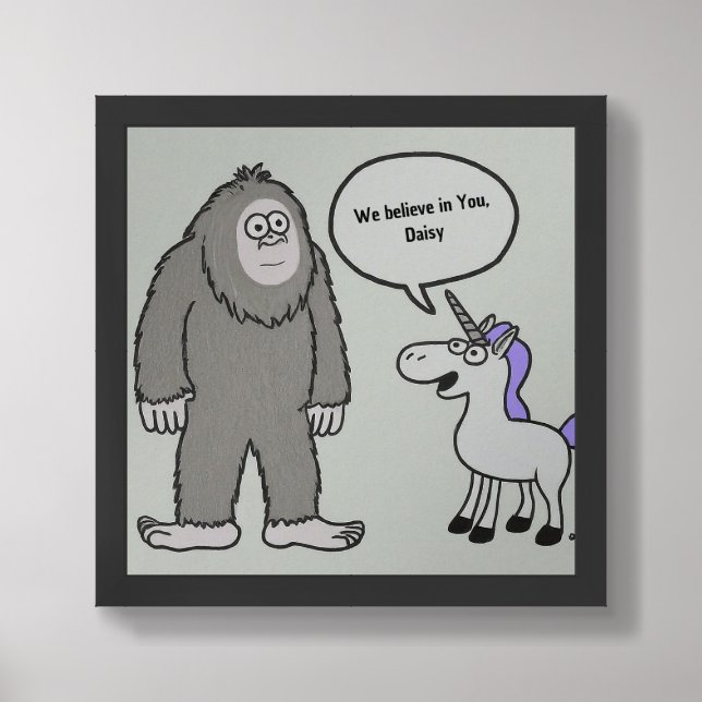 Adorable Cartoon Unicorn and Sasquatch Positive Framed Art (Framed Front)