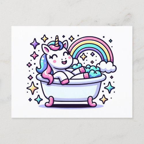 Adorable Cartoon Unicorn in a Bathtub Postcard