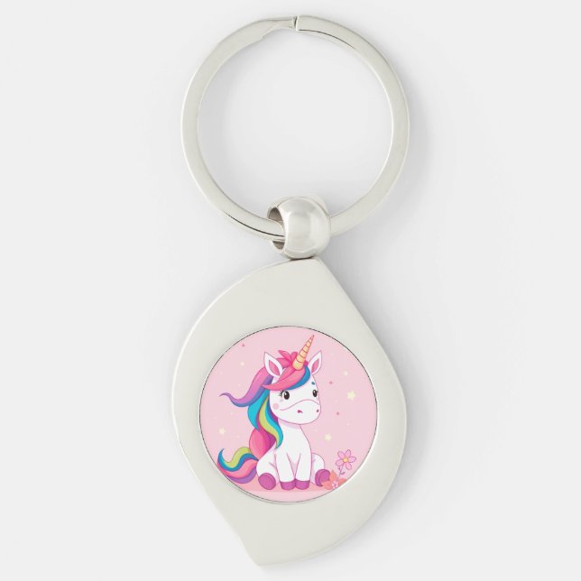 Adorable Cartoon Unicorn With Rainbow Mane Keychain (Front)