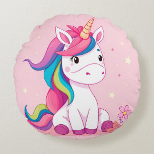 Adorable Cartoon Unicorn With Rainbow Mane Round Pillow