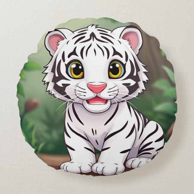 Adorable Cartoon White Tiger Cub Round Pillow (Front)