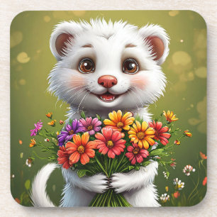 Adorable, cartoonish white ferret beverage coaster