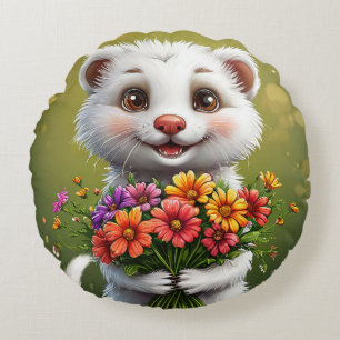 Adorable, cartoonish white ferret round pillow
