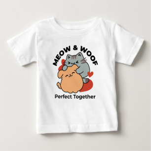 Adorable Cat and Dog Hug – Meow & Woof Design Baby T-Shirt