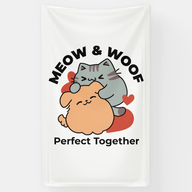 Adorable Cat and Dog Hug – Meow & Woof Design Banner (Vertical)