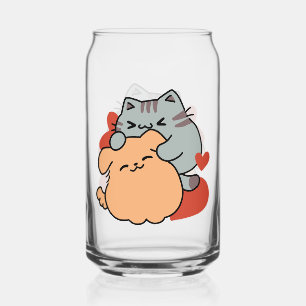 Adorable Cat and Dog Hug – Meow & Woof Design Can Glass