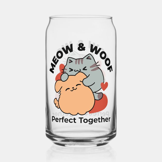 Adorable Cat and Dog Hug – Meow & Woof Design Can Glass (Front)