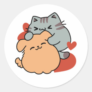 Adorable Cat and Dog Hug – Meow & Woof Design Classic Round Sticker