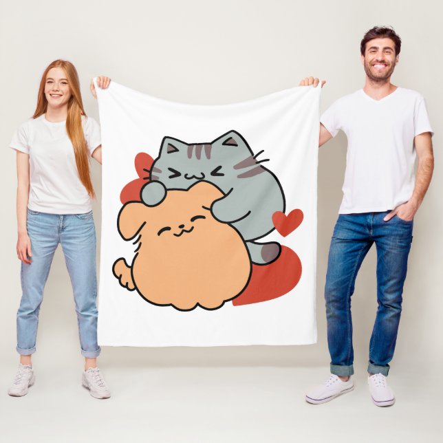 Adorable Cat and Dog Hug – Meow & Woof Design Fleece Blanket (In Situ)