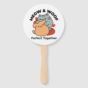 Adorable Cat and Dog Hug – Meow & Woof Design Hand Fan