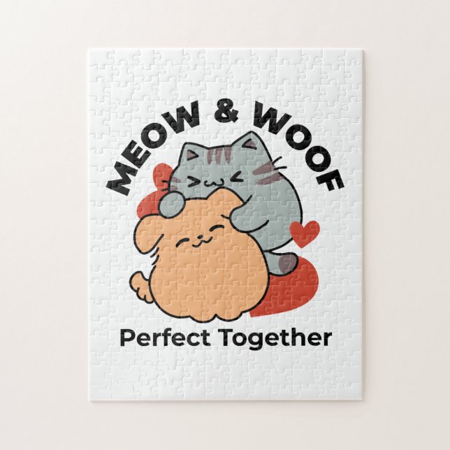 Adorable Cat and Dog Hug – Meow & Woof Design Jigsaw Puzzle (Vertical)