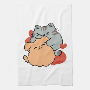 Adorable Cat and Dog Hug – Meow & Woof Design Kitchen Towel