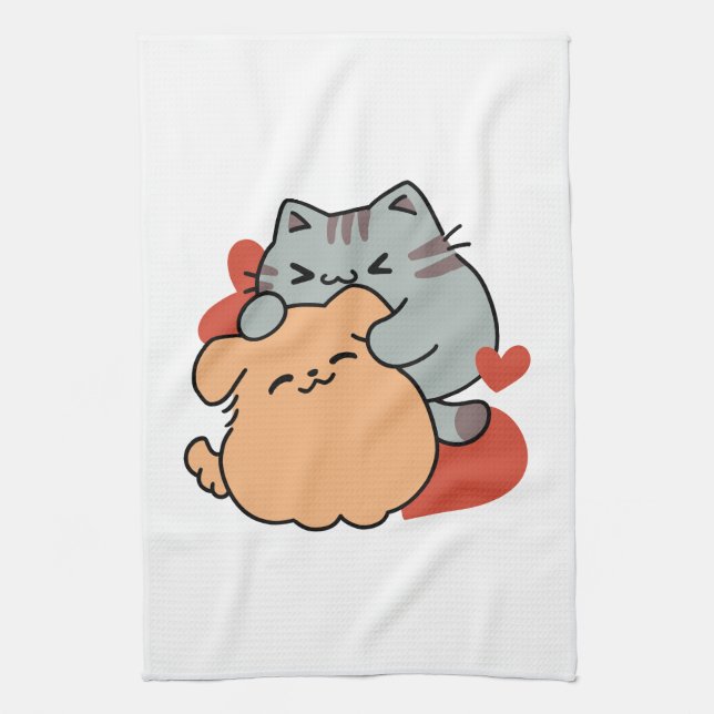 Adorable Cat and Dog Hug – Meow & Woof Design Kitchen Towel (Vertical)