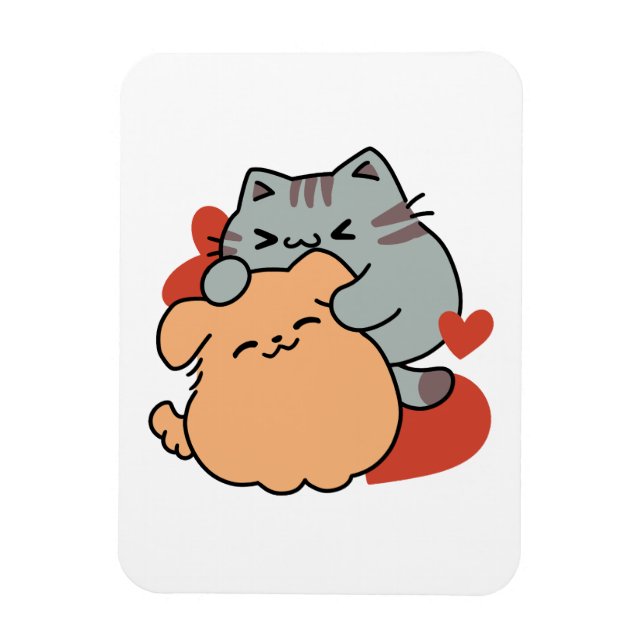 Adorable Cat and Dog Hug – Meow & Woof Design Magnet (Vertical)