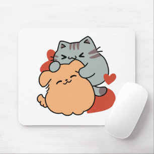 Adorable Cat and Dog Hug – Meow & Woof Design Mouse Pad