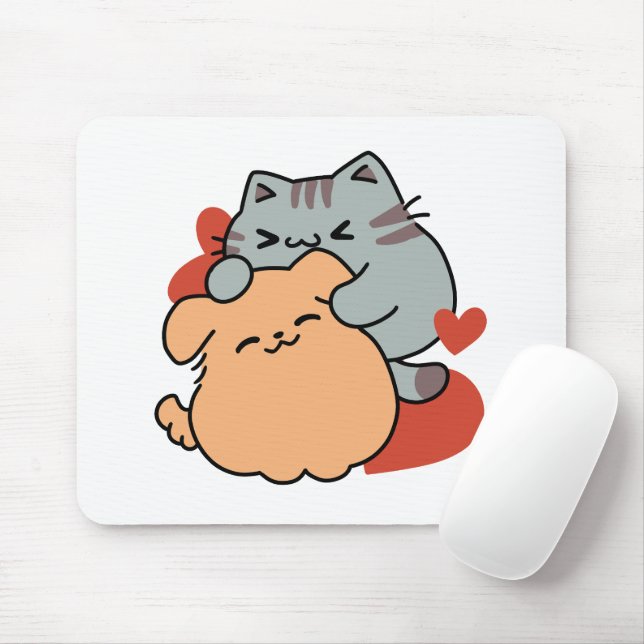 Adorable Cat and Dog Hug – Meow & Woof Design Mouse Pad (With Mouse)