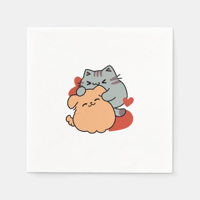 Adorable Cat and Dog Hug – Meow & Woof Design Napkins (Front)