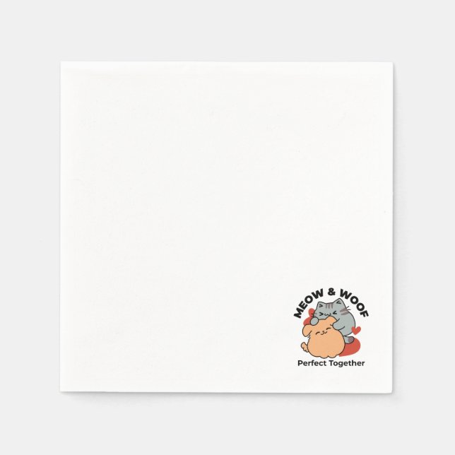 Adorable Cat and Dog Hug – Meow & Woof Design Napkins (Front)