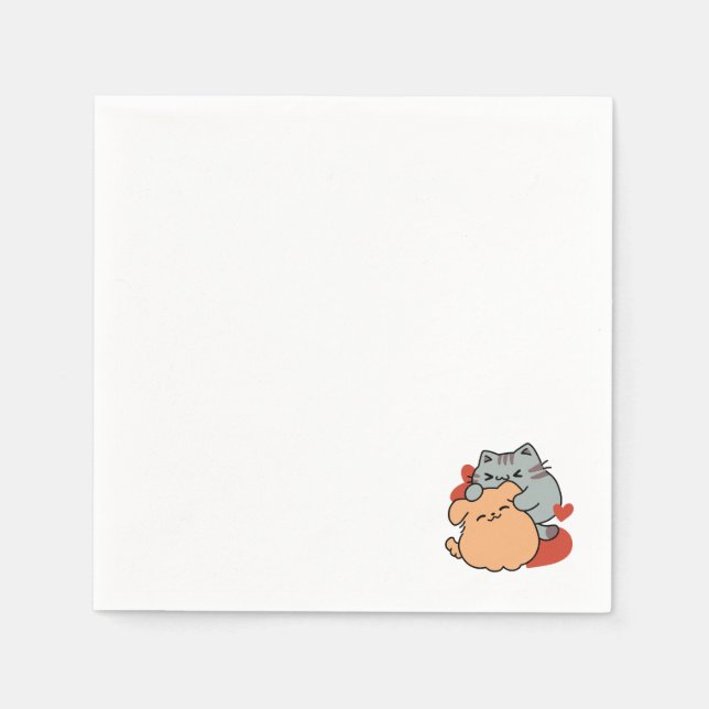 Adorable Cat and Dog Hug – Meow & Woof Design Napkins (Front)