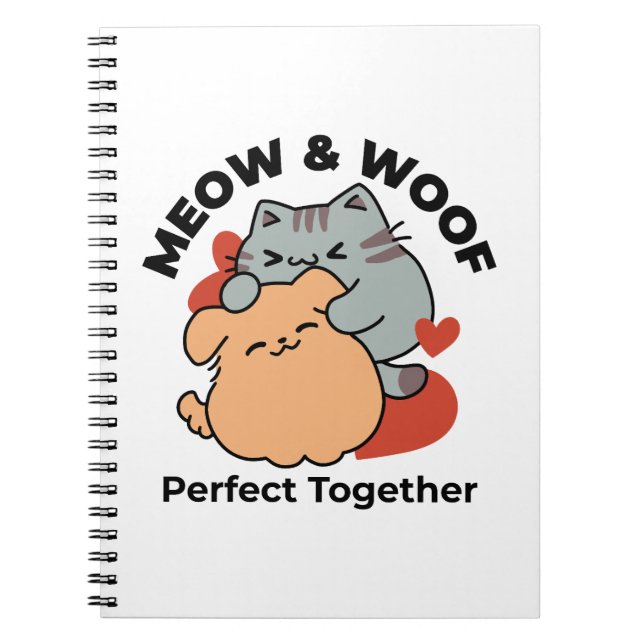 Adorable Cat and Dog Hug – Meow & Woof Design Notebook (Front)