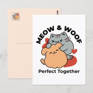 Adorable Cat and Dog Hug – Meow & Woof Design Postcard