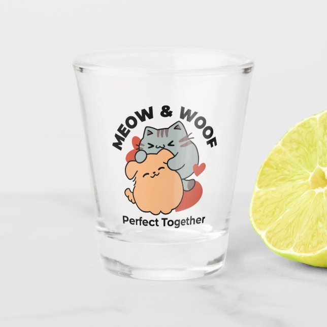 Adorable Cat and Dog Hug – Meow & Woof Design Shot Glass (Front)
