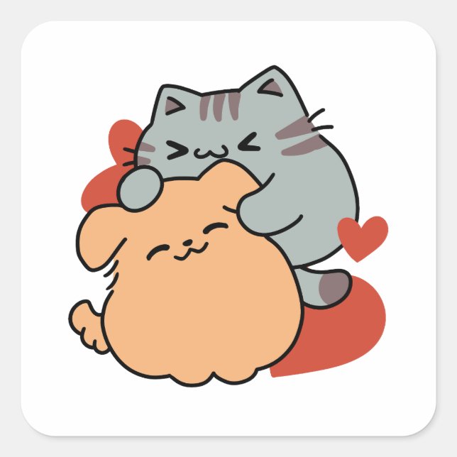 Adorable Cat and Dog Hug – Meow & Woof Design Square Sticker (Front)