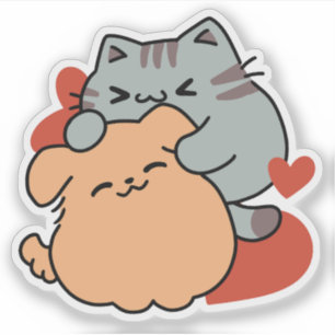 Adorable Cat and Dog Hug – Meow & Woof Design Sticker