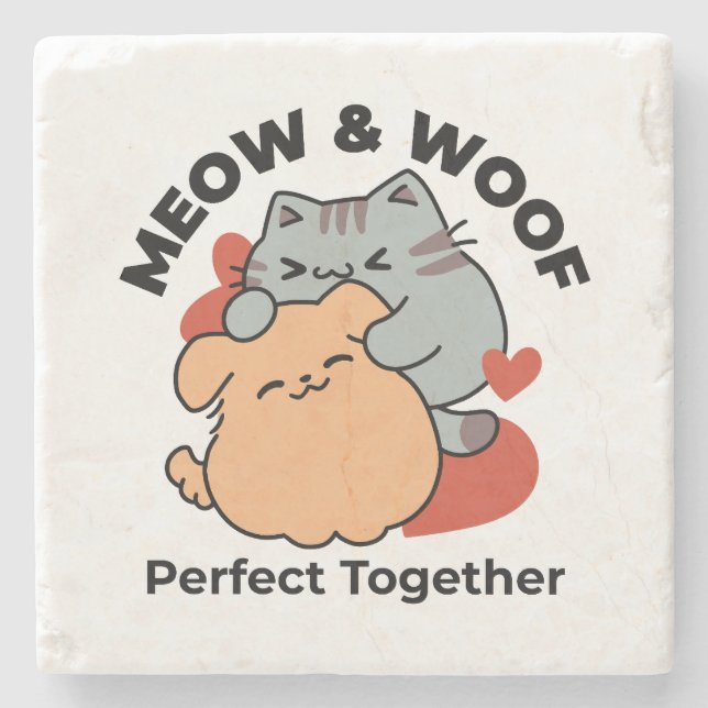 Adorable Cat and Dog Hug – Meow & Woof Design Stone Coaster (Front)