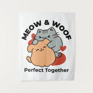 Adorable Cat and Dog Hug – Meow & Woof Design Tapestry