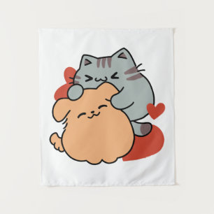 Adorable Cat and Dog Hug – Meow & Woof Design Tapestry