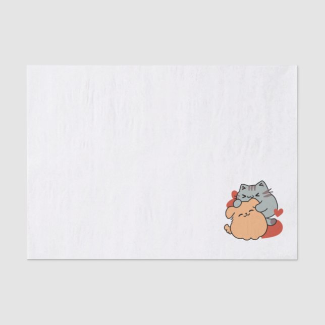 Adorable Cat and Dog Hug – Meow & Woof Design Tissue Paper (Front)