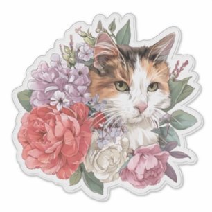 Adorable cat and flower bouquet sticker