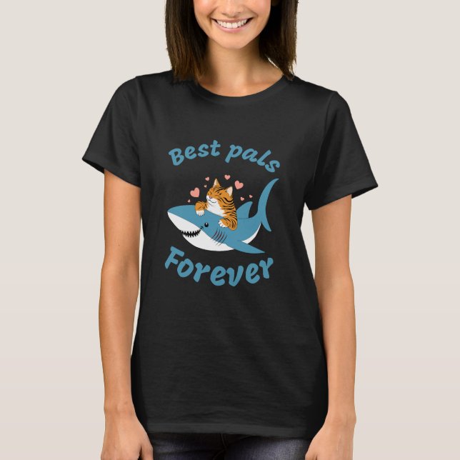 Adorable Cat and Shark. Best Pals Forever. Funny T-Shirt (Front)