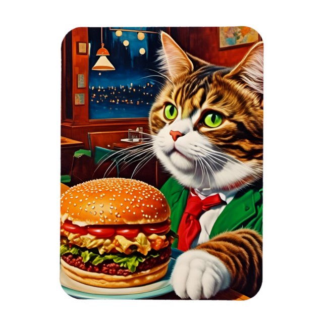 Adorable Cat at a Vintage Diner Cheeseburger Magnet (Vertical)