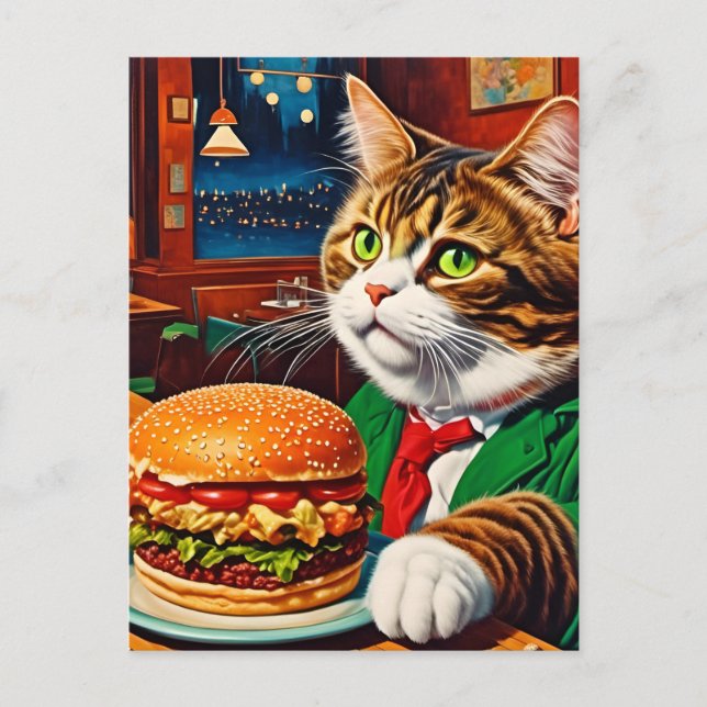 Adorable Cat at a Vintage Diner Cheeseburger Postcard (Front)